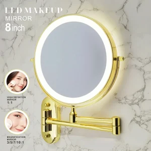 Miroir de maquillage mural LED doré de 8 pouces, grossissant 3X-10X, chargement USB, Double face, salle de bains, miroir cosmétique intelligent 3 couleurs Miroir de maquillage mural LED doré de 8 pouces, grossissant 3X-10X, chargement USB, Double face, salle de bains, miroir cosmétique intelligent 3 couleurs