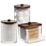Ensemble d&rsquo;accessoires d&rsquo;organisateur de salle de bain, support de rangement Qtip avec couvercles en plastique transparent, distributeur de boules de coton/tampons, pot organisateur