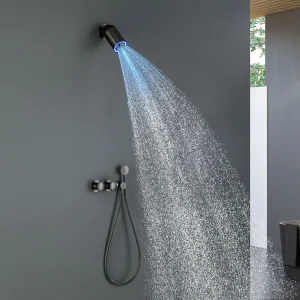 Ensemble de douche à projecteur LED, ensemble de robinets de douche de salle de bains gris muraux, mitigeur de bain et de douche en laiton rouge orange
