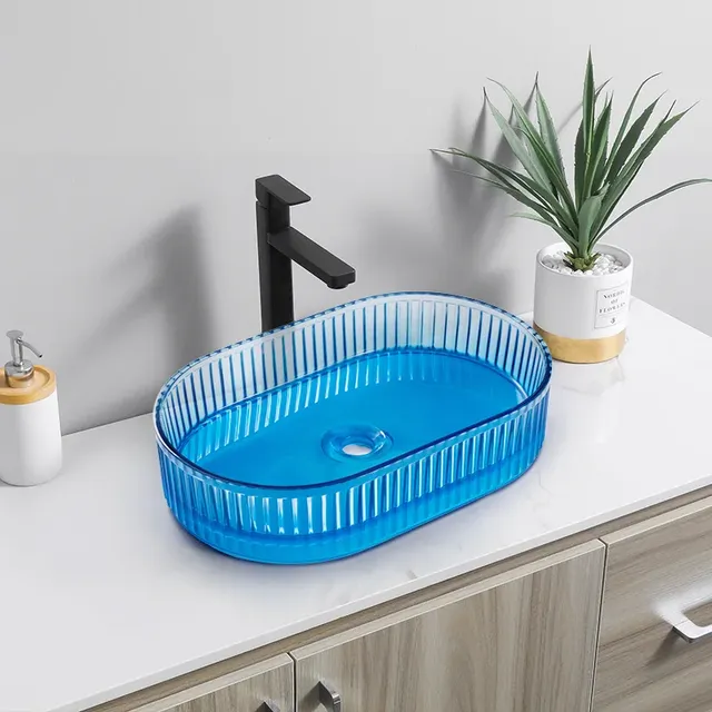 Lavabo posé ovale translucide bleu acrylique strié… – vue 3