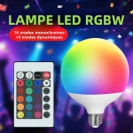 Projecteur d&rsquo;ampoule LED intelligent RGBW E27 B22 avec télécommande infrarouge, adapté à l&rsquo;éclairage domestique coloré
