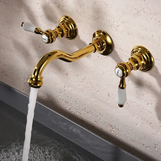 Robinet lavabo mural laiton doré luxe victorien bec… – vue 2