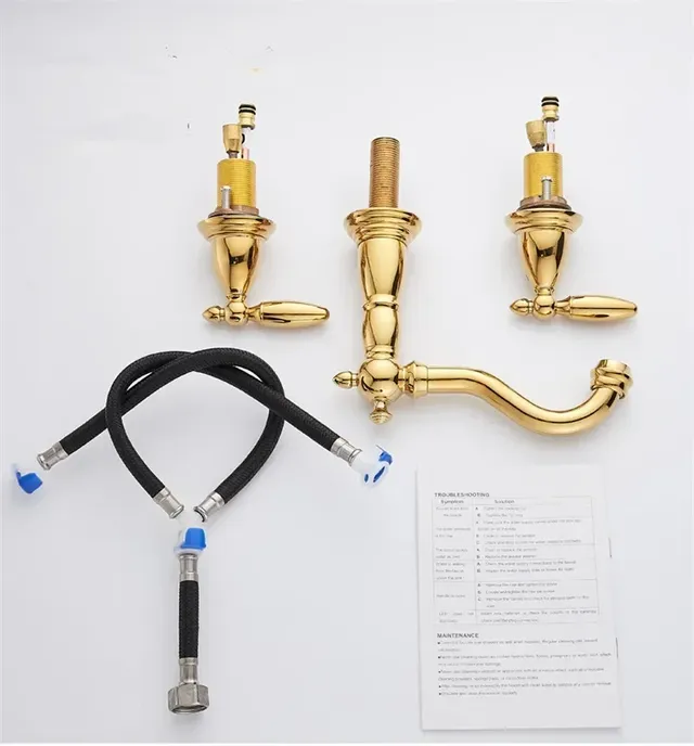 Robinet lavabo trois trous laiton doré poli mitigeur bec… – vue 4