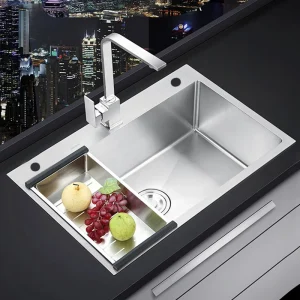 Évier de cuisine en acier inoxydable bol unique lavabo brossé à la main au-dessus du comptoir pour appareil de cuisine avec accessoires de Drainage