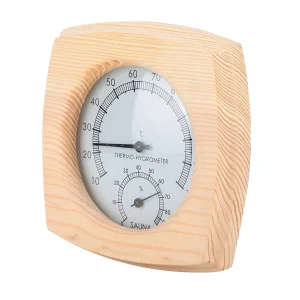 Thermomètre Hygromètre Analogique Bois Épicéa Carré Angles Arrondis Fenêtre Ovale Cadran Blanc Aiguilles Noires Montage Mural Minimaliste Résistant Hautes Températures