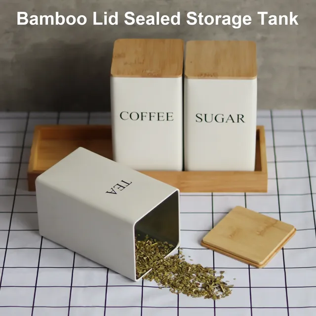 Bocaux de stockage en métal avec couvercle en bambou