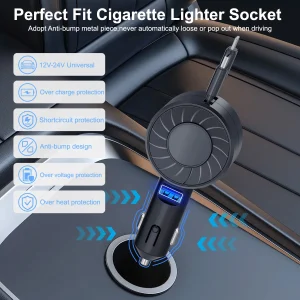 chargeur voiture rétractable rapide noir trois connecteurs usb type c lightning sécurisé compatible téléphones tablettes ordinateurs led bleue protections surtension