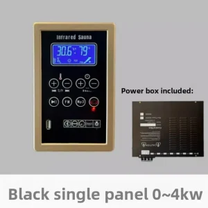 panneau commande sauna infrarouge noir écran LCD rétroéclairé cadre doré tactile icônes température minuterie boutons USB boîtier alimentation