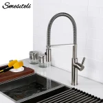 Robinet de cuisine poli Chrome argent mitigeur extractible, robinet d&rsquo;évier Nickel brossé, montage sur pont noir mat, eau chaude et froide