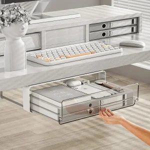 tiroir rangement sous bureau transparent acrylique fumé plexi rigide profil rectangulaire bas rails métalliques discrets façade encastrée adhésif sans perçage tiroir rangement sous bureau transparent acrylique fumé plexi rigide profil rectangulaire bas rails métalliques discrets façade encastrée adhésif sans perçage