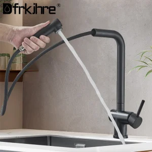Robinet de cuisine extractible noir en Nickel, Rotation à 360 degrés, double pulvérisateur, mitigeur d&rsquo;eau chaude et froide, robinet d&rsquo;évier monté sur le pont en acier inoxydable