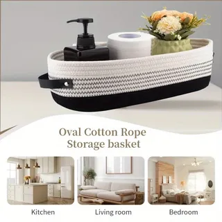 Rangement ovale en corde de coton avec poignées en cuir
