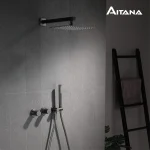 Salle de bain de luxe en laiton pistolet gris système de douche mural 2 fonctions mitigeur de bain intégré double pulvérisation pluie/main