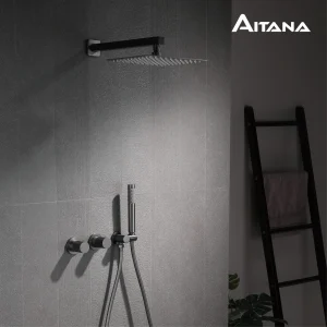 Salle de bain de luxe en laiton pistolet gris système de douche mural 2 fonctions mitigeur de bain intégré double pulvérisation pluie/main Salle de bain de luxe en laiton pistolet gris système de douche mural 2 fonctions mitigeur de bain intégré double pulvérisation pluie/main