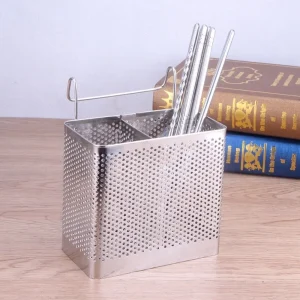 porte baguettes acier inoxydable double compartiment perforé drainage ventilation crochet suspendu compact antirouille robuste brillante minimaliste économiseur espace organisateur cuisine