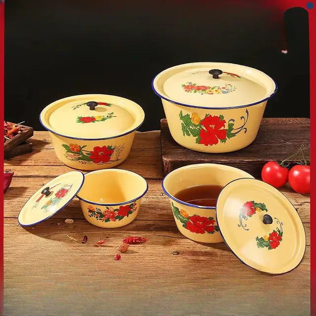 Bassin émaillé rétro crème jaune motif floral rouge vert…