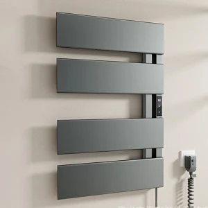 sèche serviettes mural électrique aluminium laqué gris mat panneaux plats horizontaux thermostatique minuterie numérique étanche IPX4