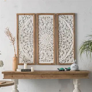 Panneau mural triptyque bois sculpté blanc vieilli médaillon floral…