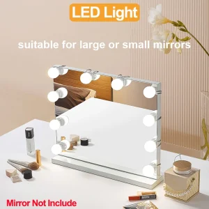 Miroir de maquillage miroir LED avec lumières, ampoules 10 LED détachables, lumière de vanité variable 3 couleurs, commande tactile, alimenté par USB, coiffeuse