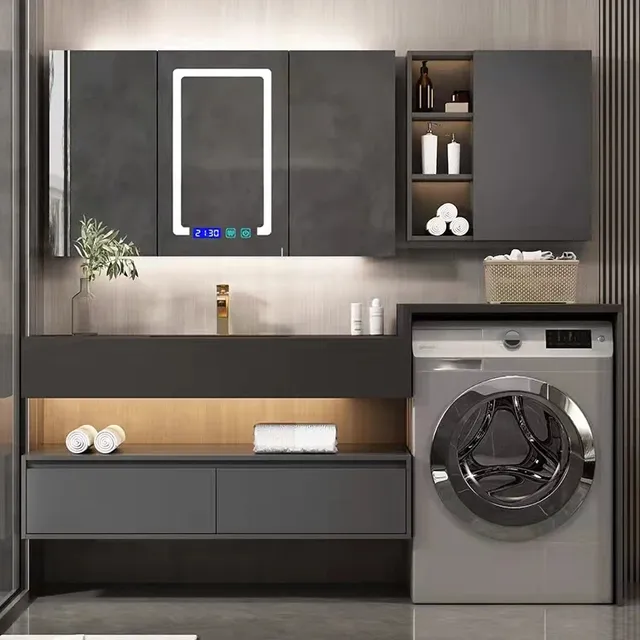 Armoire linge salle bains lavabo céramique bois moderne… – vue 3