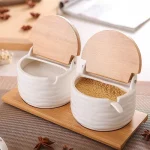 Ensemble de Récipients de Stockage en Porcelaine avec Couvercle en Bois Céramique T1, Pot d&rsquo;Assaisonnement en Bambou, pour Épices de Cuisine, QuestionSalt Belle