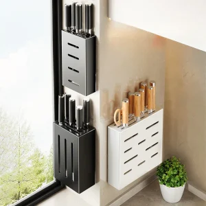 support couteaux mural métal carbone acier brossé noir blanc minimaliste vertical ventilé fentes cinq emplacements ciseaux fixation anticorrosion robuste
