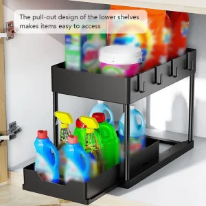 Étagère de cuisine extractible, organisateur de panier d&rsquo;armoire coulissante avec crochets, étagère de rangement multifonctionnelle à 2 niveaux pour salle de bain