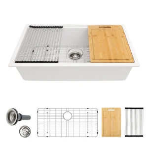 Évier en pierre de Quartz, bol unique, Composite blanc, pour ferme, bol unique sous plan avec égouttoir, offre spéciale