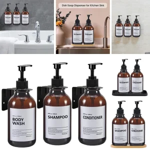 Distributeur de savon mural marron, shampoing, Gel douche, Lotion, bouteille vide rechargeable avec plateau d’étiquettes, accessoires de cuisine 500ML Distributeur de savon mural marron, shampoing, Gel douche, Lotion, bouteille vide rechargeable avec plateau d’étiquettes, accessoires de cuisine 500ML