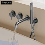 Robinet de baignoire mural en laiton gris, pistolet minimaliste pour salle de bains, avec doubles poignées pour eau chaude et froide, mélangeur de douche à double fonction