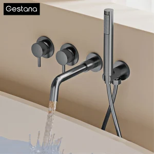 Robinet de baignoire mural en laiton gris, pistolet minimaliste pour salle de bains, avec doubles poignées pour eau chaude et froide, mélangeur de douche à double fonction