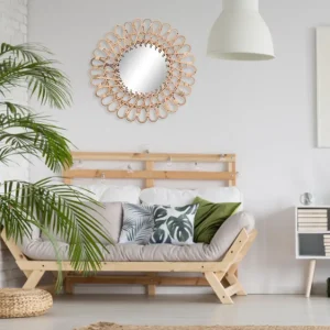 Miroir mural en osier nordique de 40Cm, miroir rond en rotin pour Dressing, décoration de maison, salon, salle de bains, miroir mural suspendu-AT64