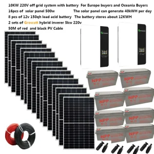 Kit de panneaux solaires avec onduleur hybride Growatt, système solaire hors réseau, maison et ferme, invitation, batterie gel, 220V, 10000 W, 10000 W, 10KW, 110V