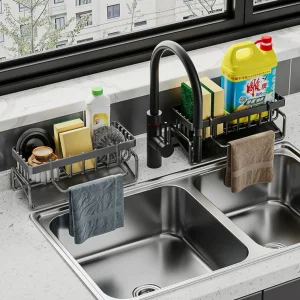 Support rangement évier porte éponges panier égouttoir acier inoxydable noir mat compact durable plastique minimaliste moderne