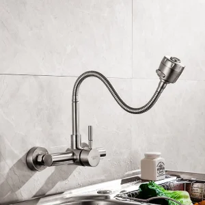 Robinet de cuisine mural en acier inoxydable, tuyau Flexible pivotant à 360 degrés, mitigeur Double évier pour cuisine