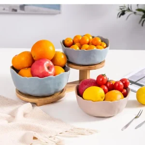 Assiette à fruits nordique ronde en céramique, bol Phnom Penh, salon moderne, bassin à deux couches, cadre en bois de bambou Assiette à fruits nordique ronde en céramique, bol Phnom Penh, salon moderne, bassin à deux couches, cadre en bois de bambou