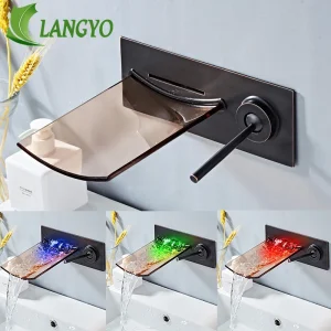Langyo robinet de salle de bains LED mural, robinet de lavabo d&rsquo;eau froide et chaude, robinet de Nickel brossé et de laiton noir, robinet mitigeur d&rsquo;évier