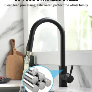 Robinet d&rsquo;évier de cuisine 304 extractible noir, robinet mitigeur d&rsquo;eau chaude et froide à double fonction, installation sur comptoir