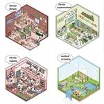 Coffret art numérique isométrique kawaii décors hexagonaux bibliothèque boulangerie camping pandas mignons palette pastel détails affiches autocollants papeterie boutique enfants