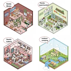 Coffret art numérique isométrique kawaii décors hexagonaux bibliothèque boulangerie camping pandas mignons palette pastel détails affiches autocollants papeterie boutique enfants