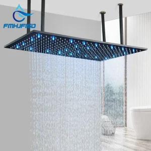 Pommeau de douche LED 40cm x 80cm, luxueux, grande taille, pomme de douche à effet pluie, monté sur le plafond avec bras d&rsquo;installation ajusté pour salle de bain