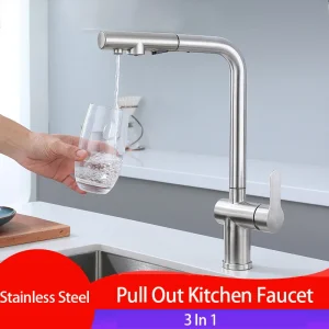 Robinet d’évier de cuisine extractible, deux modèles, buse de pulvérisation à jet, robinet mitigeur d’eau chaude et froide en acier inoxydable, filtre à 3 voies pour eau potable Robinet d’évier de cuisine extractible, deux modèles, buse de pulvérisation à jet, robinet mitigeur d’eau chaude et froide en acier inoxydable, filtre à 3 voies pour eau potable