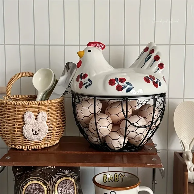 Panier oeufs poule céramique couvercle amovible peint…