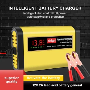 chargeur batterie voiture 12V 2A intelligent LCD affichage trois étapes arrêt automatique protections surcharges inversion polarité ABS jaune chargeur batterie voiture 12V 2A intelligent LCD affichage trois étapes arrêt automatique protections surcharges inversion polarité ABS jaune