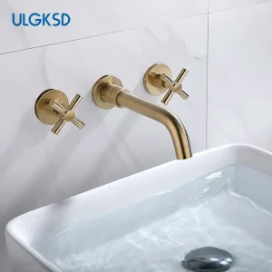 Robinet de lavabo de salle de bains dissimulé doré brossé, double poignée intégrée, robinet mitigeur de Type corps joint, évier mitigeur en laiton, robinet de grue Robinet de lavabo de salle de bains dissimulé doré brossé, double poignée intégrée, robinet mitigeur de Type corps joint, évier mitigeur en laiton, robinet de grue 