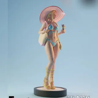 Figurine résine miniature bikini turquoise chapeau paille rose sac…