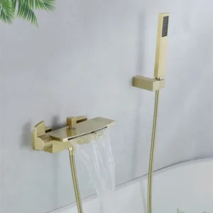 Ensemble de baignoire-douche mural, double poignée, brosse cascade dorée, laiton massif coulé, économie d’eau Ensemble de baignoire-douche mural, double poignée, brosse cascade dorée, laiton massif coulé, économie d’eau