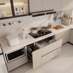 armoire cuisine modulaire bas encastrable tiroirs coulissants panier égouttoir intégré microondes plaque cuisson gaz hotte finitions beige quartz