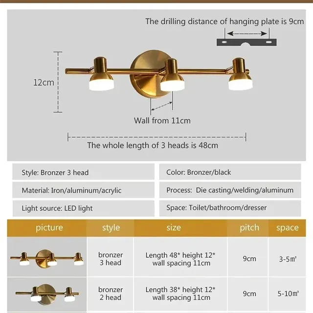 LED moderne miroir avant lumière 3/4 têtes cuivre… – vue 5