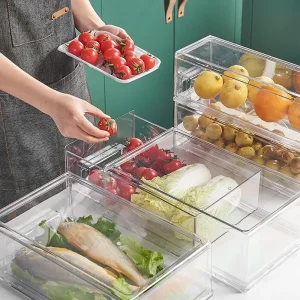 organisateur réfrigérateur empilable transparent tiroirs coulissants plastique écologique sûr réutilisable optimisant espace minimaliste durable facile nettoyage
